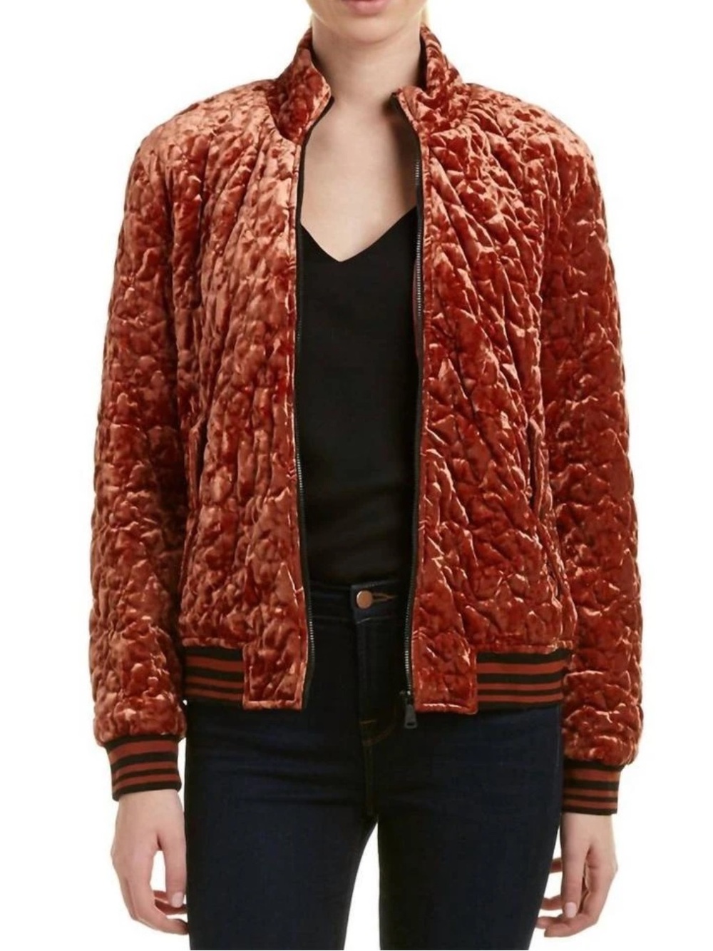 Bernardo Quilted Velvet Bomber Jacket in Rust